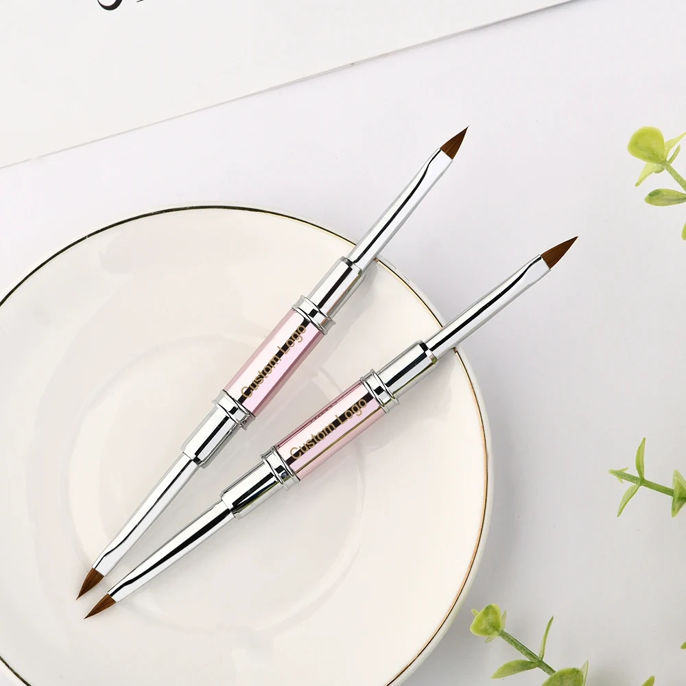 Wholesale OEM Packaging Sliver Ferrule Double-end Crimped Pink 100% Kolinsky Acrylic 3D Nail Art Brush Size 4