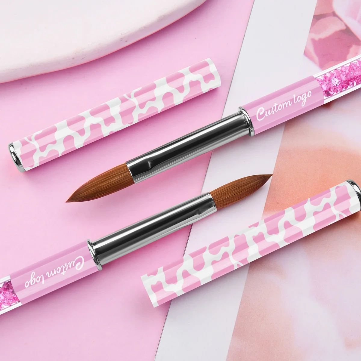 Popular Pure Sable Hair Custom Pink Cow Screen Printing Handmade Acrylic Nail Brush 100% Kolinsky