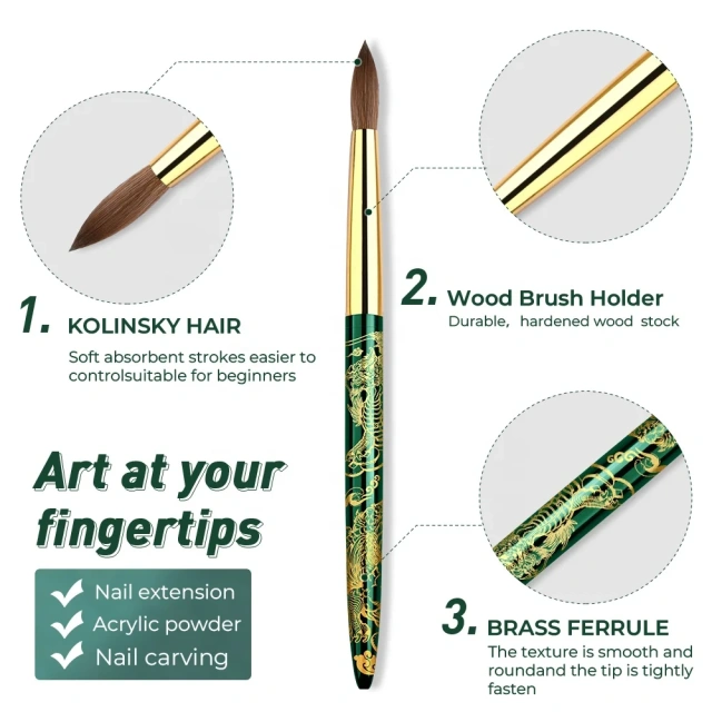 Standard USA Size Top Quality Hot Selling Green Dragon Metal Style 100% Kolinsky Nail Brushes Packaging Box for Acrylic #16