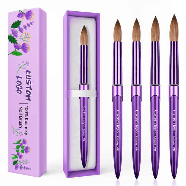 Nail Supplies Manufacturers Purple Color Custom Logo High Quality 100% Oval Shape Kolinsky Brush for Acrylic Nails
