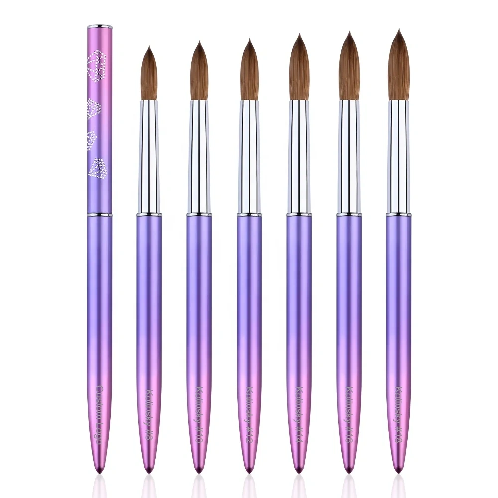 Popular Nail Supply Luxury Purple Metal Custom Acrylic Round Pure Beauty Pincel Kolinsky 100 Sable Nail Brush Set with Box #8-16