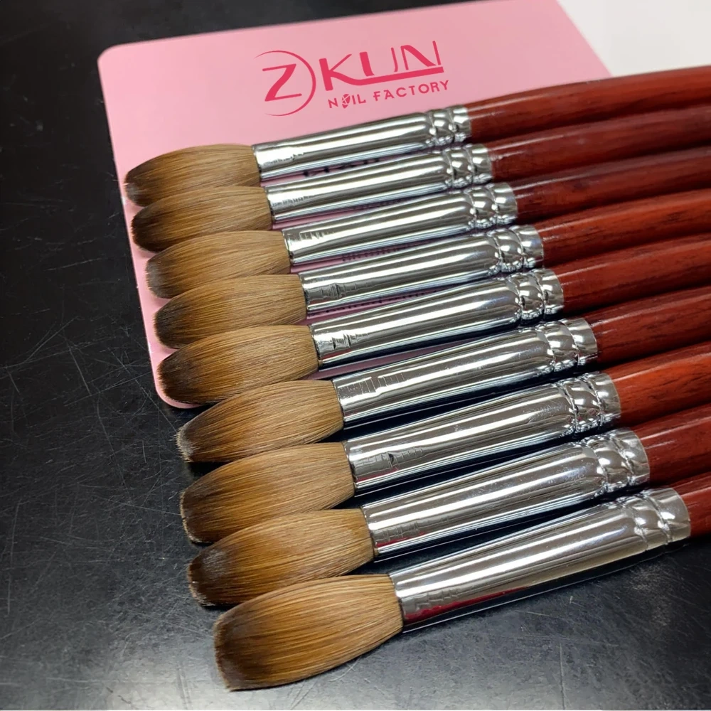 Zekun Nail Supplier Red Wooden Handle Flat/Oval Shape Custom 100% Pure Kolinsky Brush for Acrylic Nails