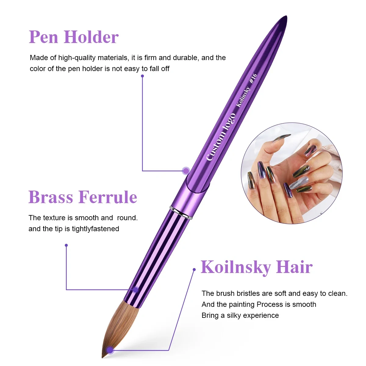 Nail Supplies Manufacturers Purple Color Custom Logo High Quality 100% Oval Shape Kolinsky Brush for Acrylic Nails