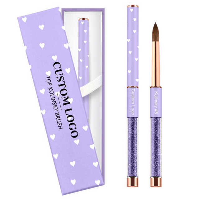 Popular Design 100% Kolinsky Acrylic Nail Brush Purple Glitter Liquid Handle Custom Nail Brush #2-#18