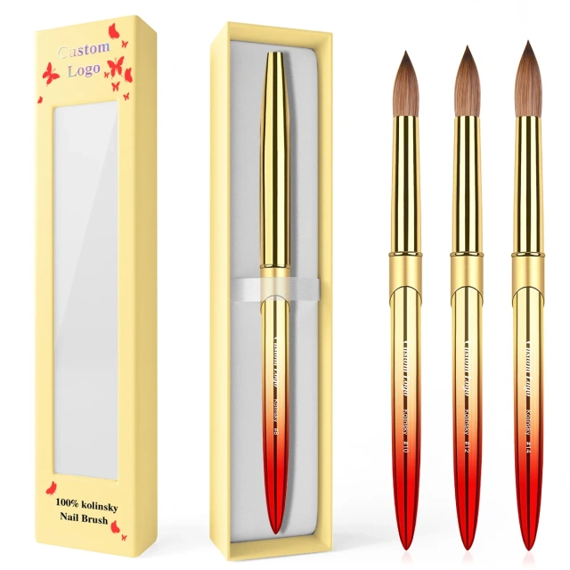 Premium 100% Kolinsky Nails Brush Gold Red Gradient Crimped #8-#22 Custom Logo Nail Acrylic Brush