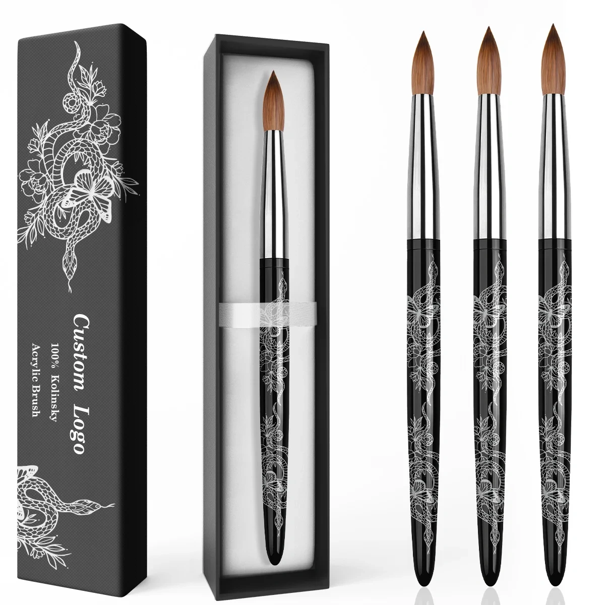 2025 Professional Art Acrylic Nail Brush Custom Snake Black Metal Handle Acrylic Nail Brush 100 % Kolinsky