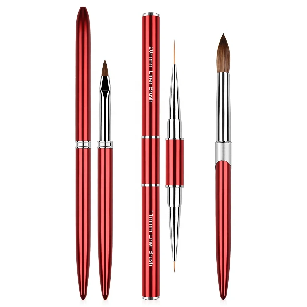 Most Popular Dark Red Metal Handle Professional 100%  Kolinsky Sable Nail Brush 3d Nail Art Brush Set Best Quality #2-#24