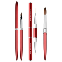 Most Popular Dark Red Metal Handle Professional 100%  Kolinsky Sable Nail Brush 3d Nail Art Brush Set Best Quality #2-#24
