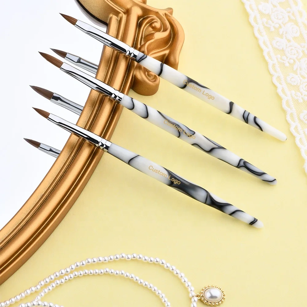 Wholesale 3d Crimped Custom Logo Marble Acrylic Handle 100% Kolinsky Hair 3D Nail Brush for #2 #4 #6