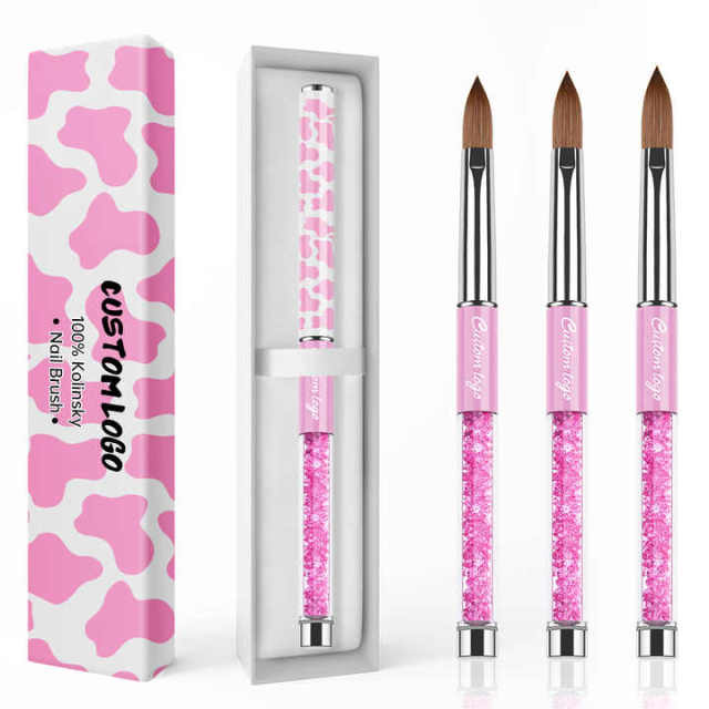 Popular Pure Sable Hair Custom Pink Cow Screen Printing Handmade Acrylic Nail Brush 100% Kolinsky