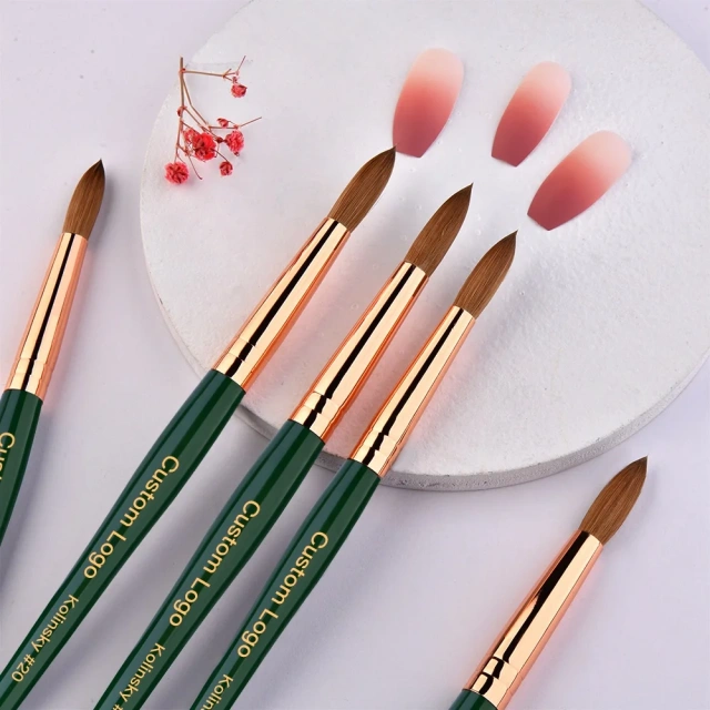 Best USA Size 12/14/16/18/20 Nail Brush Kolinsky Round /Oval Acrylic Nail Brush with Green Wooden Handle for Custom Logo