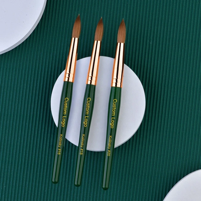 Best USA Size 12/14/16/18/20 Nail Brush Kolinsky Round /Oval Acrylic Nail Brush with Green Wooden Handle for Custom Logo