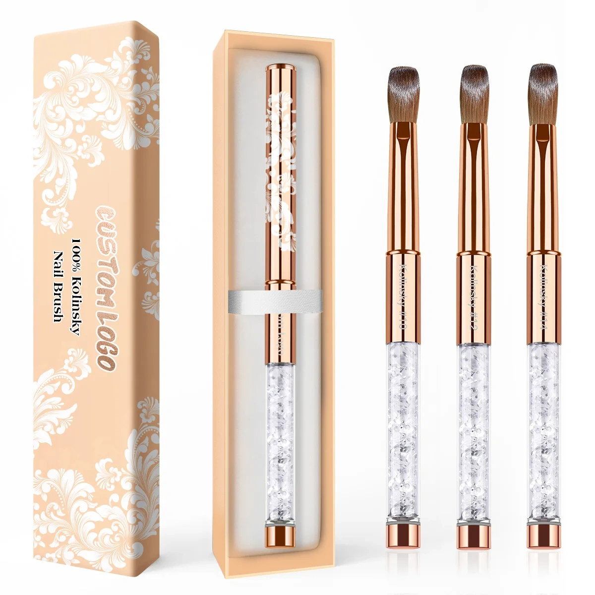 Personalized 100 % Kolinsky Nail Art Brushes Rose Gold Rhinestone Handle Custom Kolinsky Acrylic Nail Brush