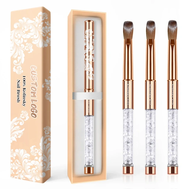 Personalized 100 % Kolinsky Nail Art Brushes Rose Gold Rhinestone Handle Custom Kolinsky Acrylic Nail Brush