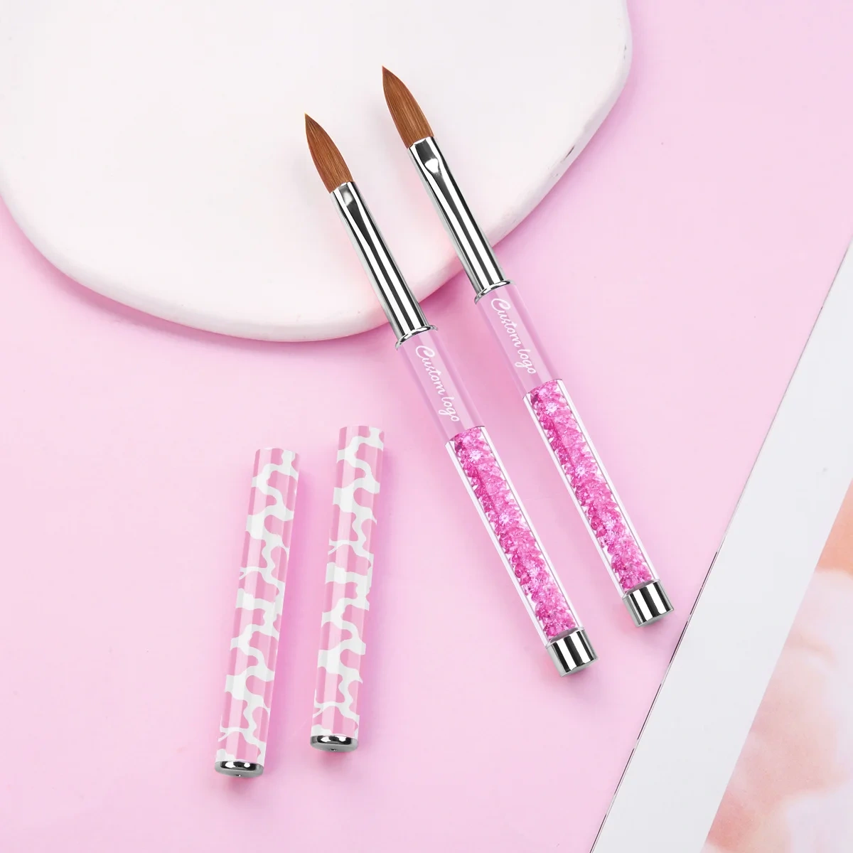 Popular Pure Sable Hair Custom Pink Cow Screen Printing Handmade Acrylic Nail Brush 100% Kolinsky