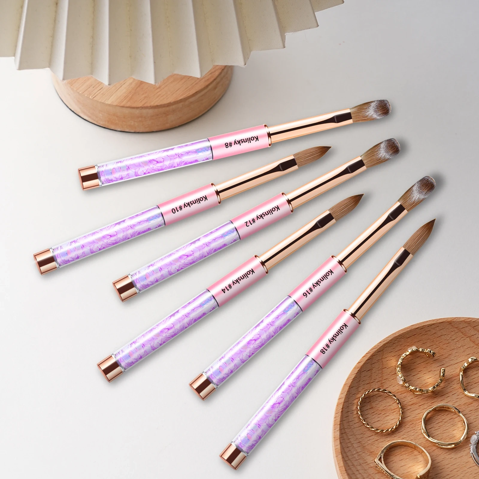 Pink-Violet Gradient Handmade Kolinsky Brushes Custom Bow Printing Acrylic Nail Brush With Glitter
