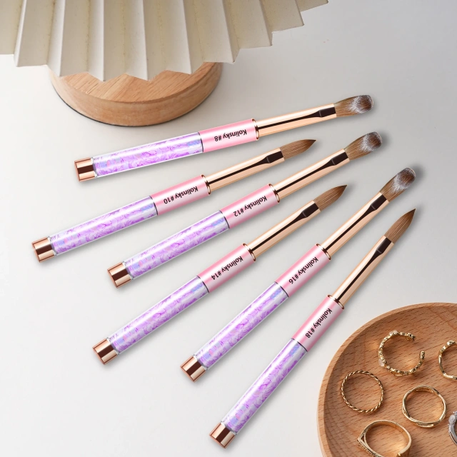 Pink-Violet Gradient Handmade Kolinsky Brushes Custom Bow Printing Acrylic Nail Brush With Glitter