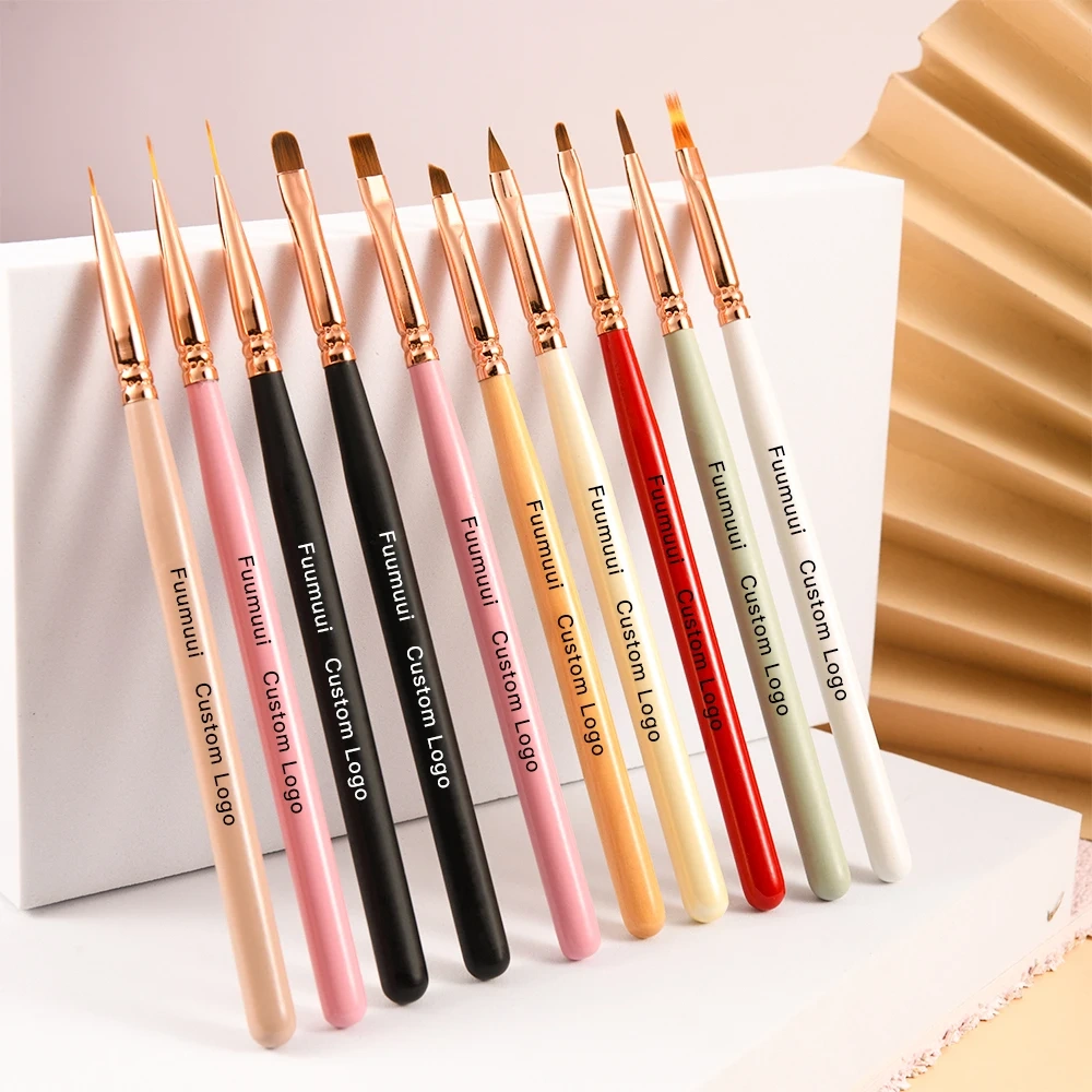 Wholesale Colorful Wooden Handle Nail Brush Set Painting Oval Flat Acrylic Nylon Japanese Nail Art Brush Set