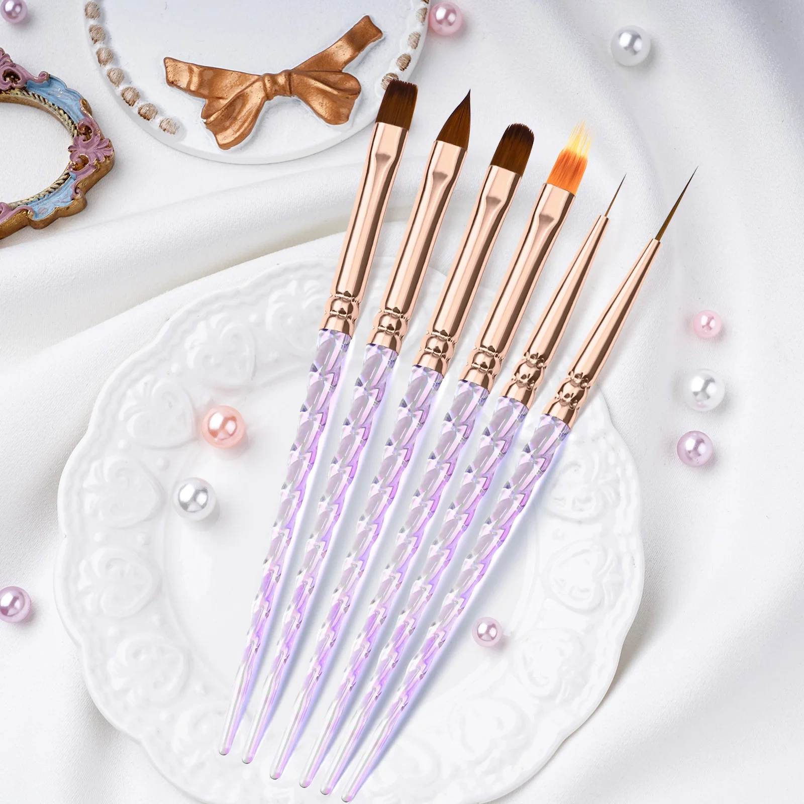 Custom 6Pcs Acrylic Screw Handle Nylon 3D Flat Ombre Oval Nail Art Brushes Set Nail Liner Brush