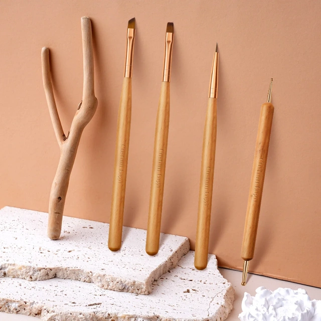Popular Wooden Handle Double Dotting Nail Art Brushes 4pcs Custom Brushes Nail Design Brush Set