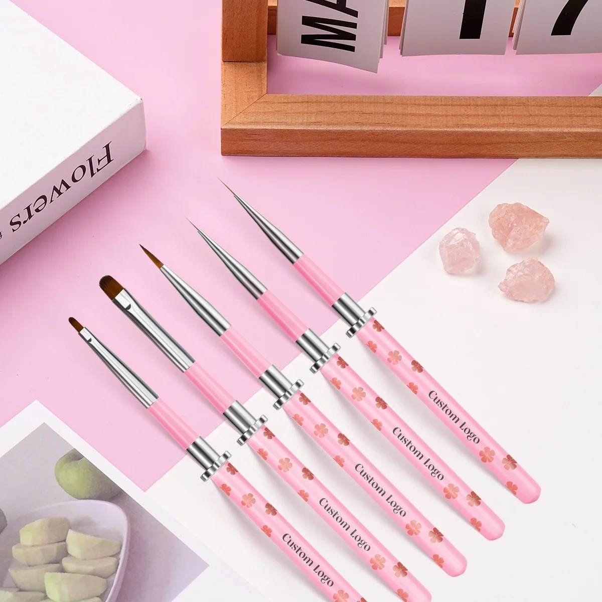 New Arrival Nail Art Brush Set Custom Pink Peach Blossom Printing 5 Pieces Detail Nail Art Brushes Nylon Nail Art Liner Brush