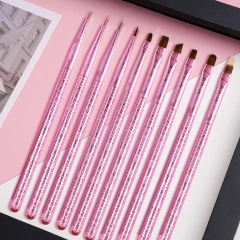 High Quality Nylon 10 Pcs Custom Pink Handle 3D Liner Oval Flat Detail Gel Polish Nail Art Brushes