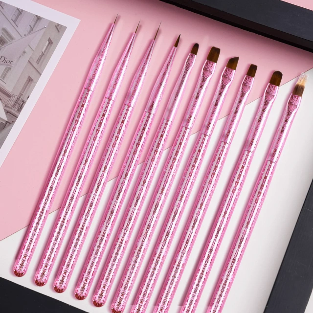 High Quality Nylon 10 Pcs Custom Pink Handle 3D Liner Oval Flat Detail Gel Polish Nail Art Brushes