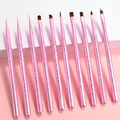 High Quality Nylon 10 Pcs Custom Pink Handle 3D Liner Oval Flat Detail Gel Polish Nail Art Brushes