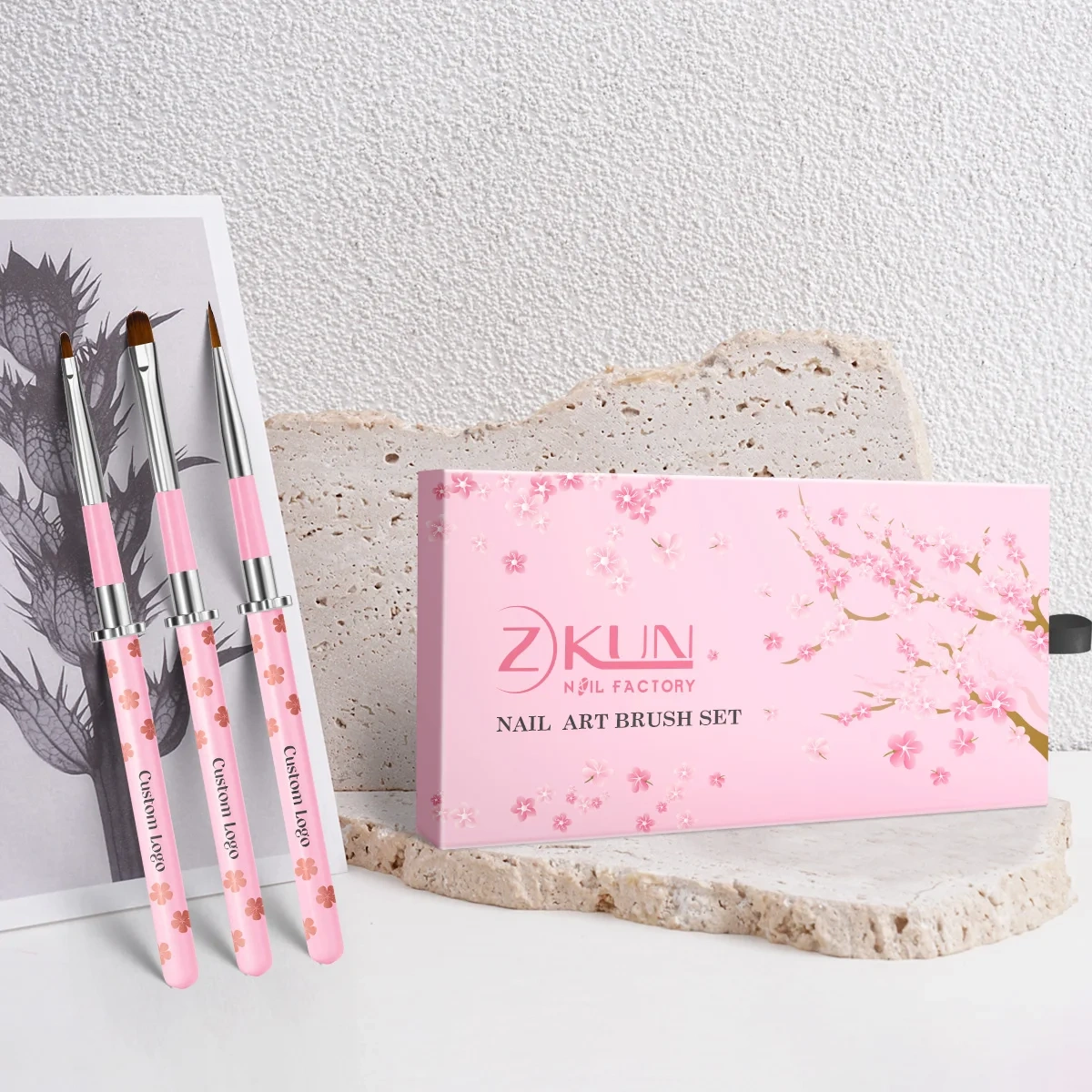New Arrival Nail Art Brush Set Custom Pink Peach Blossom Printing 5 Pieces Detail Nail Art Brushes Nylon Nail Art Liner Brush