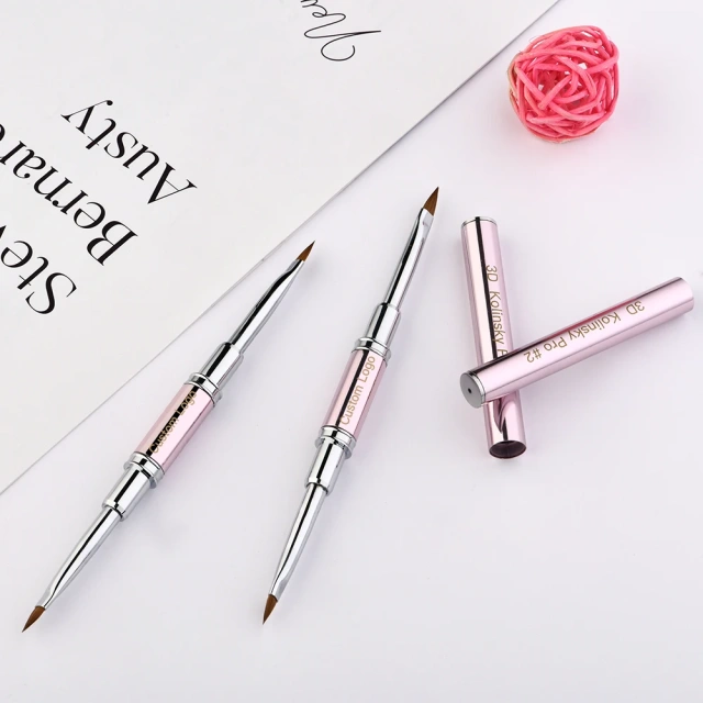 Wholesale OEM Packaging Sliver Ferrule Double-end Crimped Pink 100% Kolinsky Acrylic 3D Nail Art Brush Size 4