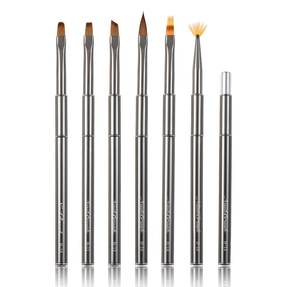 Customized Synthetic Hair Poly Gel Nail Set Travel Metal Sliver Handle  Painting UV Gel Liner Nail Brush Set