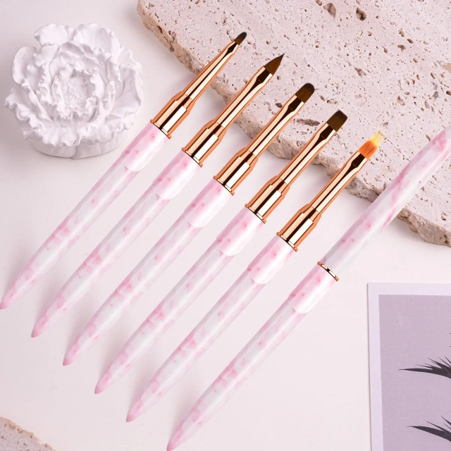 Hot Sale Custom Pink Marble Handle 3D Liner Oval Flat Detail Gel Polish Nail Art Brushes