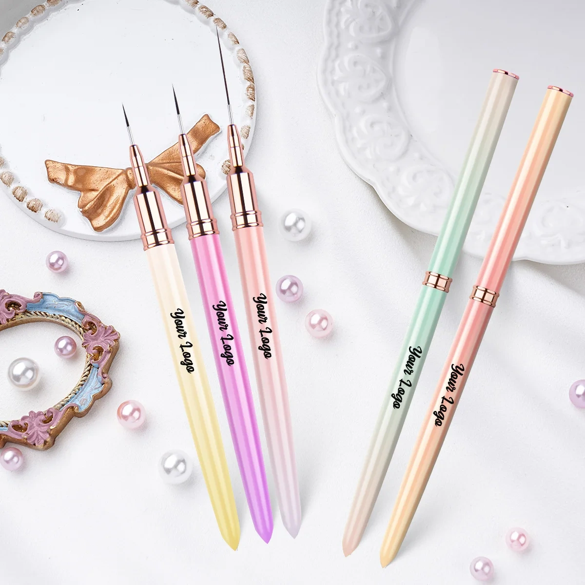 Nail Brush Manufacturer Private Label 7/9/11/15/20mm Striping Brushes 5pcs/set Nail Art Pink Ultra Thin Liner Nail Brushes
