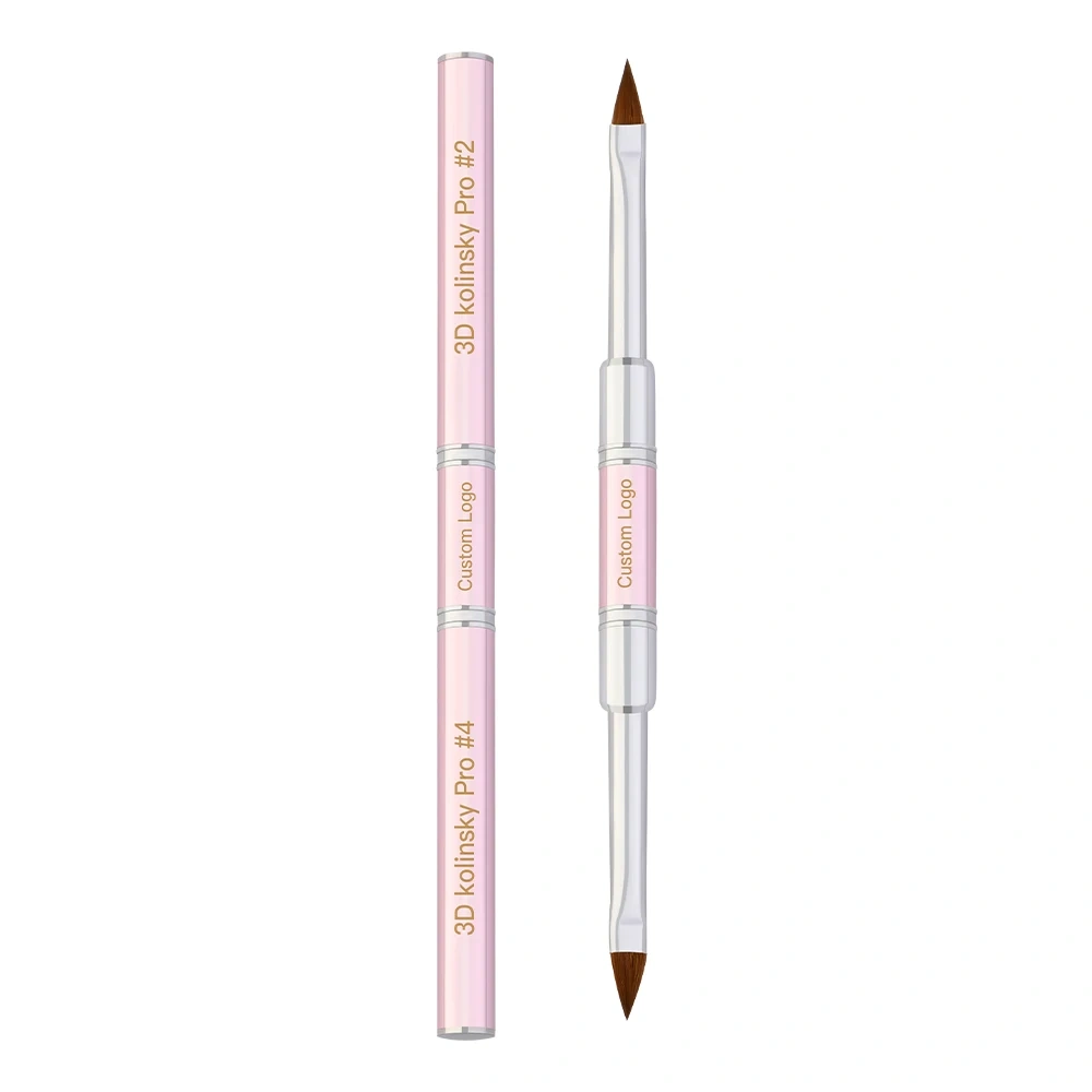 Wholesale OEM Packaging Sliver Ferrule Double-end Crimped Pink 100% Kolinsky Acrylic 3D Nail Art Brush Size 4