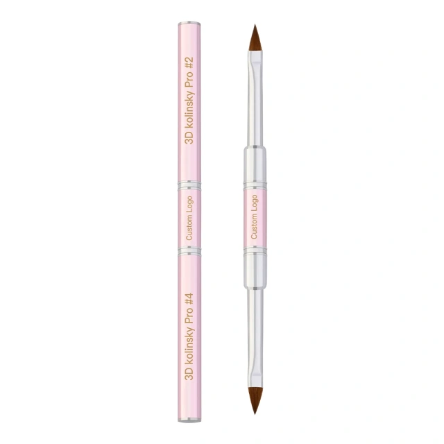 Wholesale OEM Packaging Sliver Ferrule Double-end Crimped Pink 100% Kolinsky Acrylic 3D Nail Art Brush Size 4