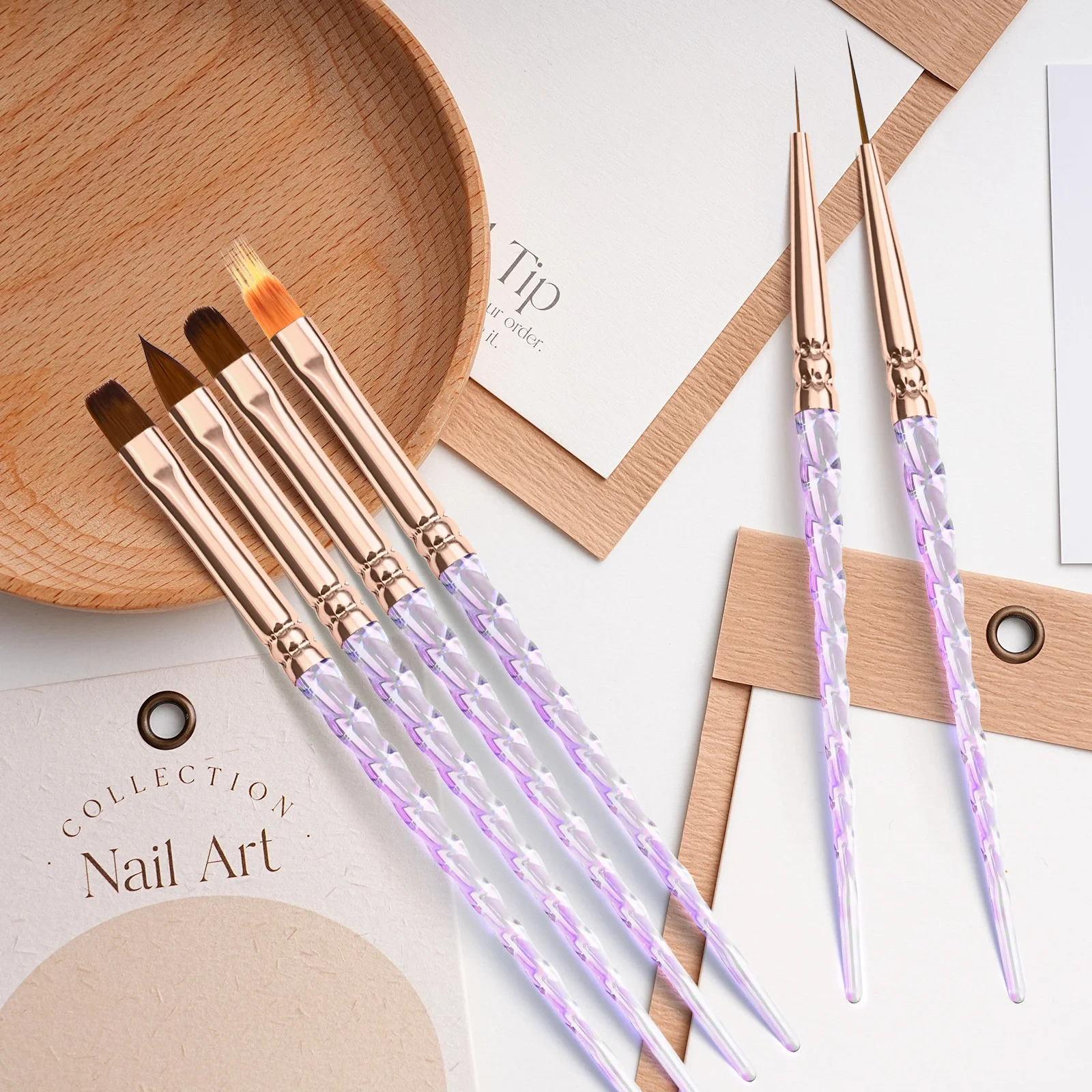 Custom 6Pcs Acrylic Screw Handle Nylon 3D Flat Ombre Oval Nail Art Brushes Set Nail Liner Brush