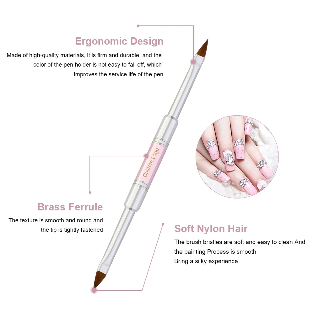 Wholesale OEM Packaging Sliver Ferrule Double-end Crimped Pink 100% Kolinsky Acrylic 3D Nail Art Brush Size 4