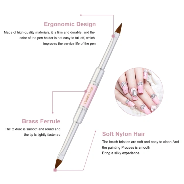 Wholesale OEM Packaging Sliver Ferrule Double-end Crimped Pink 100% Kolinsky Acrylic 3D Nail Art Brush Size 4