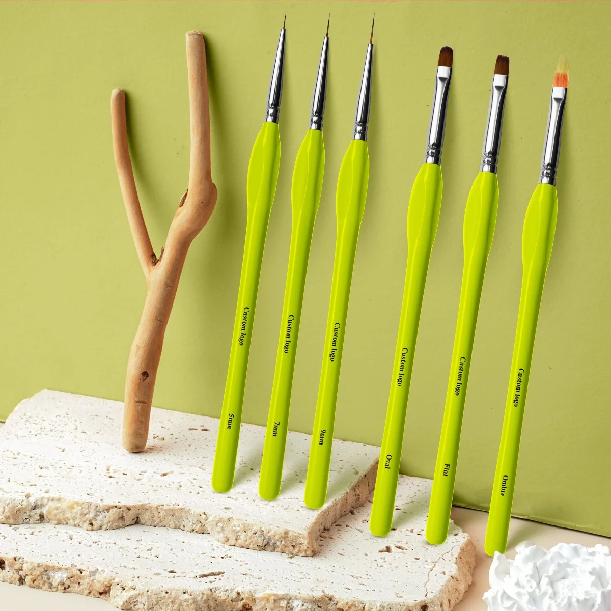 Luxury Olive Green Wooden Triangle Handle 6Pcs Nylon Liner Brush Set Custom Nail Art Brushes