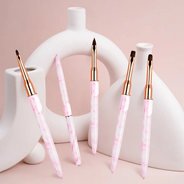 Hot Sale Custom Pink Marble Handle 3D Liner Oval Flat Detail Gel Polish Nail Art Brushes