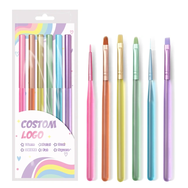 Popular Rainbow Custom Nail Art Gel Liner Stroke French Brush 6pcs Set Nylon Matte Handle Professional Nail Art Brush