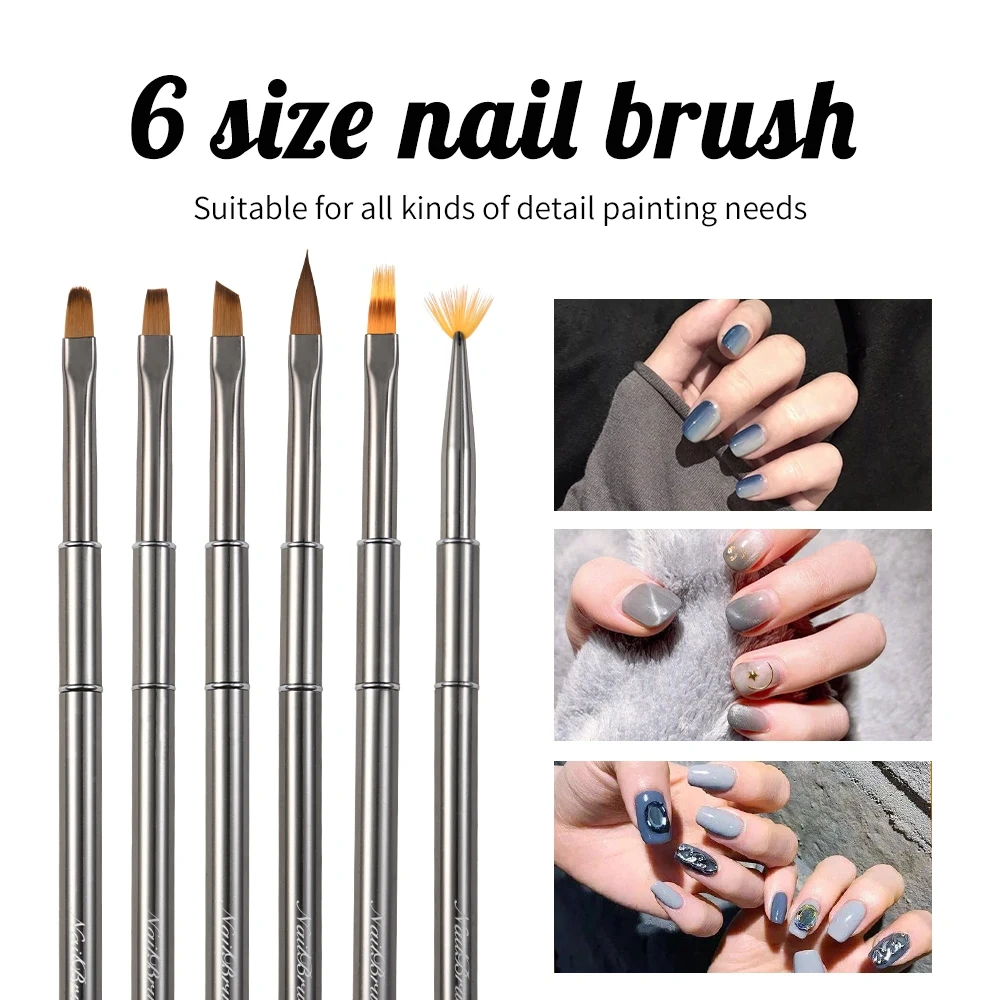 Customized Synthetic Hair Poly Gel Nail Set Travel Metal Sliver Handle  Painting UV Gel Liner Nail Brush Set