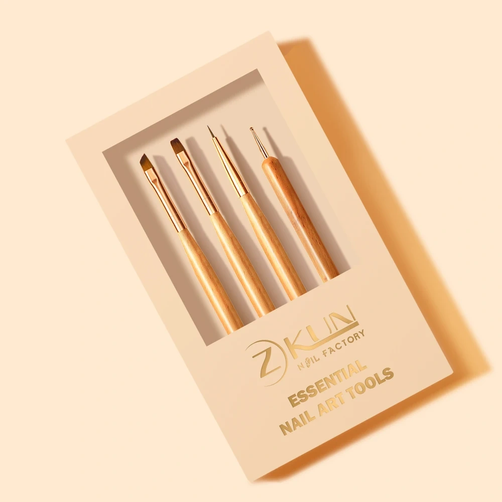Popular Wooden Handle Double Dotting Nail Art Brushes 4pcs Custom Brushes Nail Design Brush Set