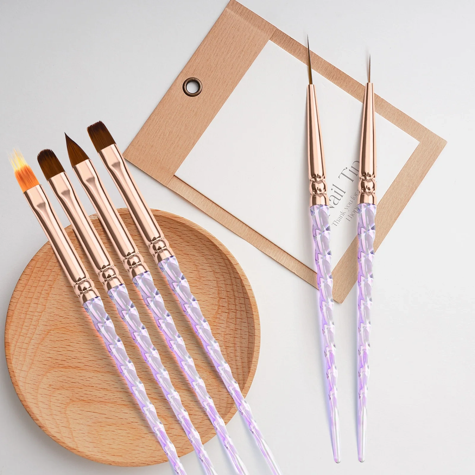 Custom 6Pcs Acrylic Screw Handle Nylon 3D Flat Ombre Oval Nail Art Brushes Set Nail Liner Brush