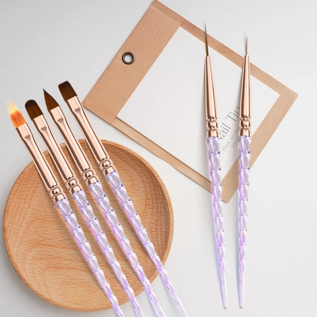 Custom 6Pcs Acrylic Screw Handle Nylon 3D Flat Ombre Oval Nail Art Brushes Set Nail Liner Brush