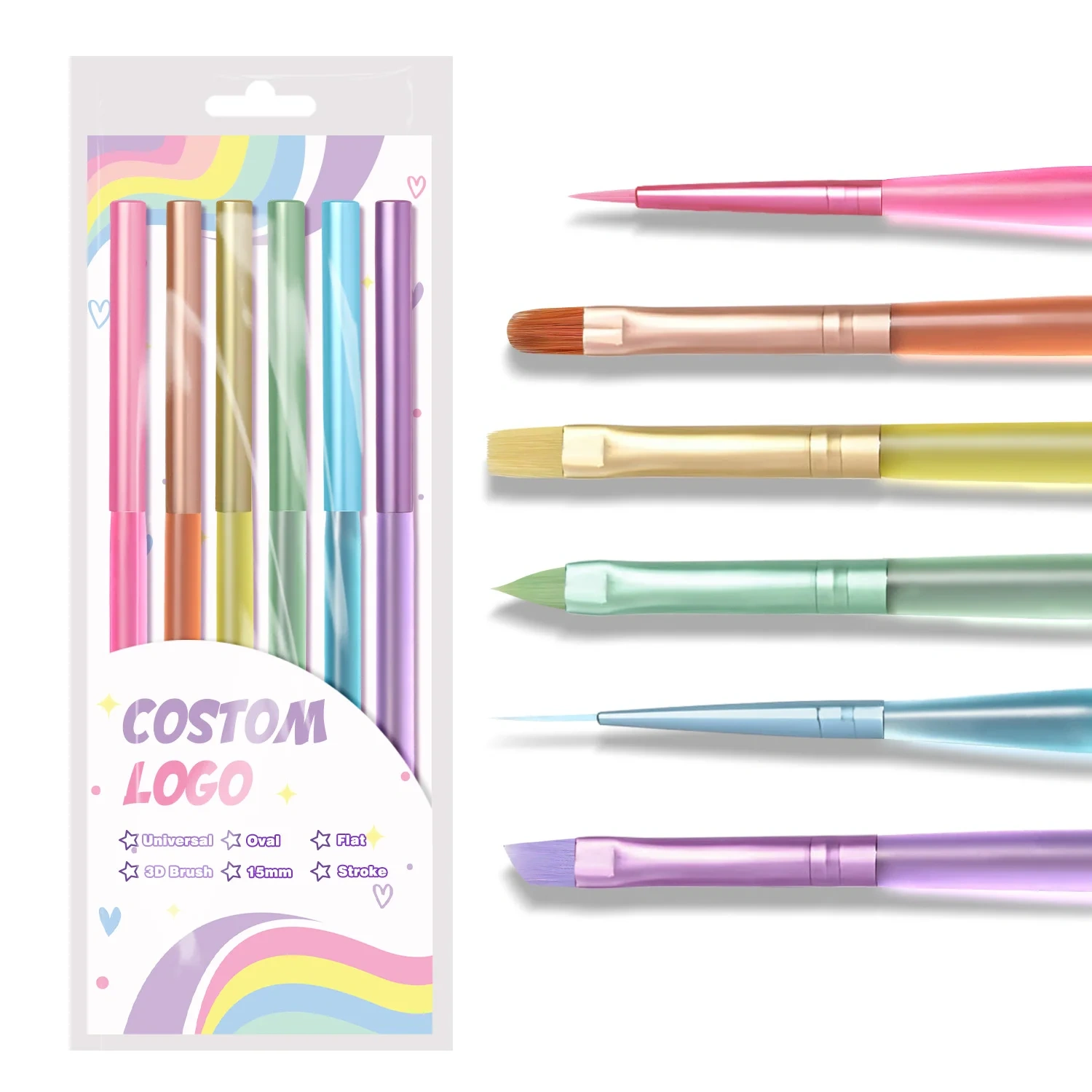 Popular Rainbow Custom Nail Art Gel Liner Stroke French Brush 6pcs Set Nylon Matte Handle Professional Nail Art Brush