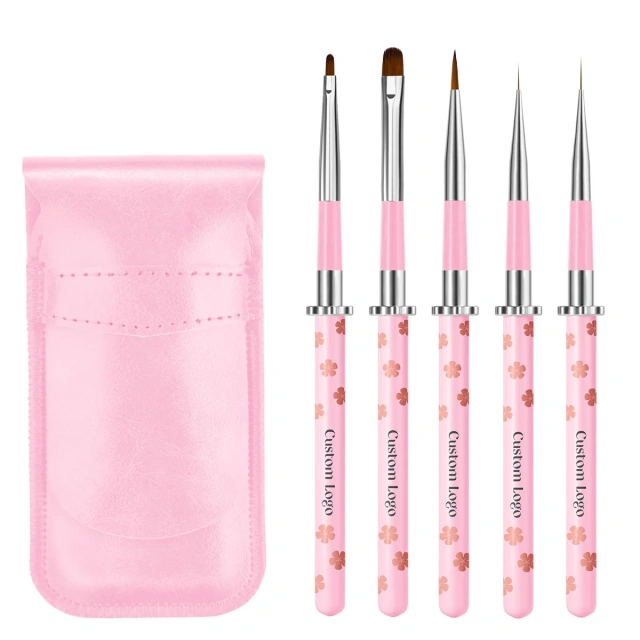 New Arrival Nail Art Brush Set Custom Pink Peach Blossom Printing 5 Pieces Detail Nail Art Brushes Nylon Nail Art Liner Brush