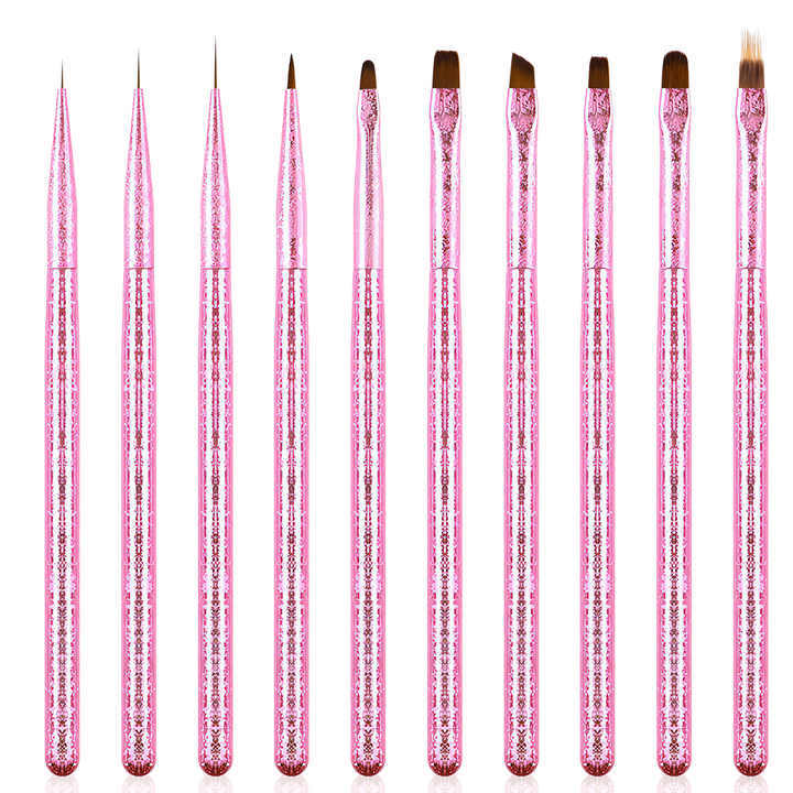 High Quality Nylon 10 Pcs Custom Pink Handle 3D Liner Oval Flat Detail Gel Polish Nail Art Brushes
