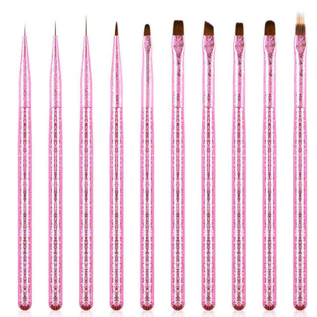 High Quality Nylon 10 Pcs Custom Pink Handle 3D Liner Oval Flat Detail Gel Polish Nail Art Brushes