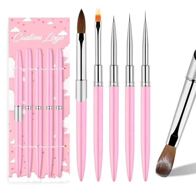 Best Pure Beauty Personalized 100% Kolinsky Sable Pink Nail Acrylic Brush with Manicure Tool UV Gel Nail Art Drawing Pen Kit